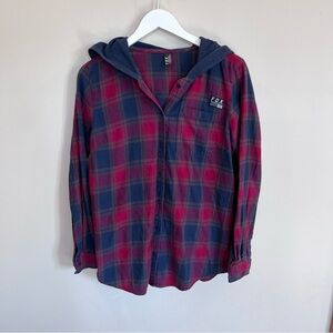 Fox Racing Womans Medium Hooded Flannel Lightweight Red Blue Button Up Shirt